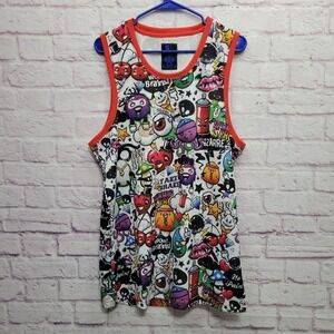 Royal Blue Graffiti Art Cartoon Tank Top L AOP Streetwear Y2K Goth Retro Rave